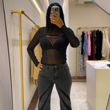Top Noir transparent manche longue à strass